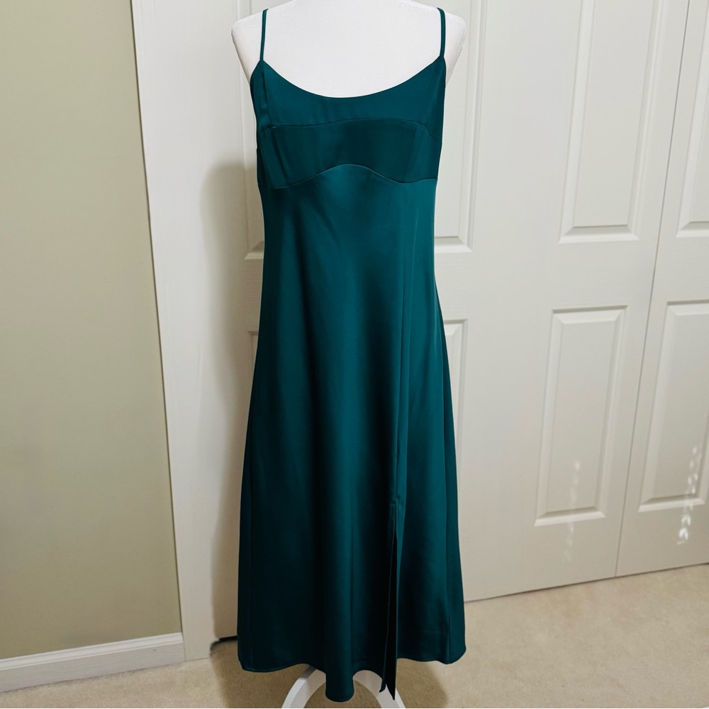 A New Day Emerald Satin Slip Dress XL Bustier Seams Slit Midi - Picture 3 of 15